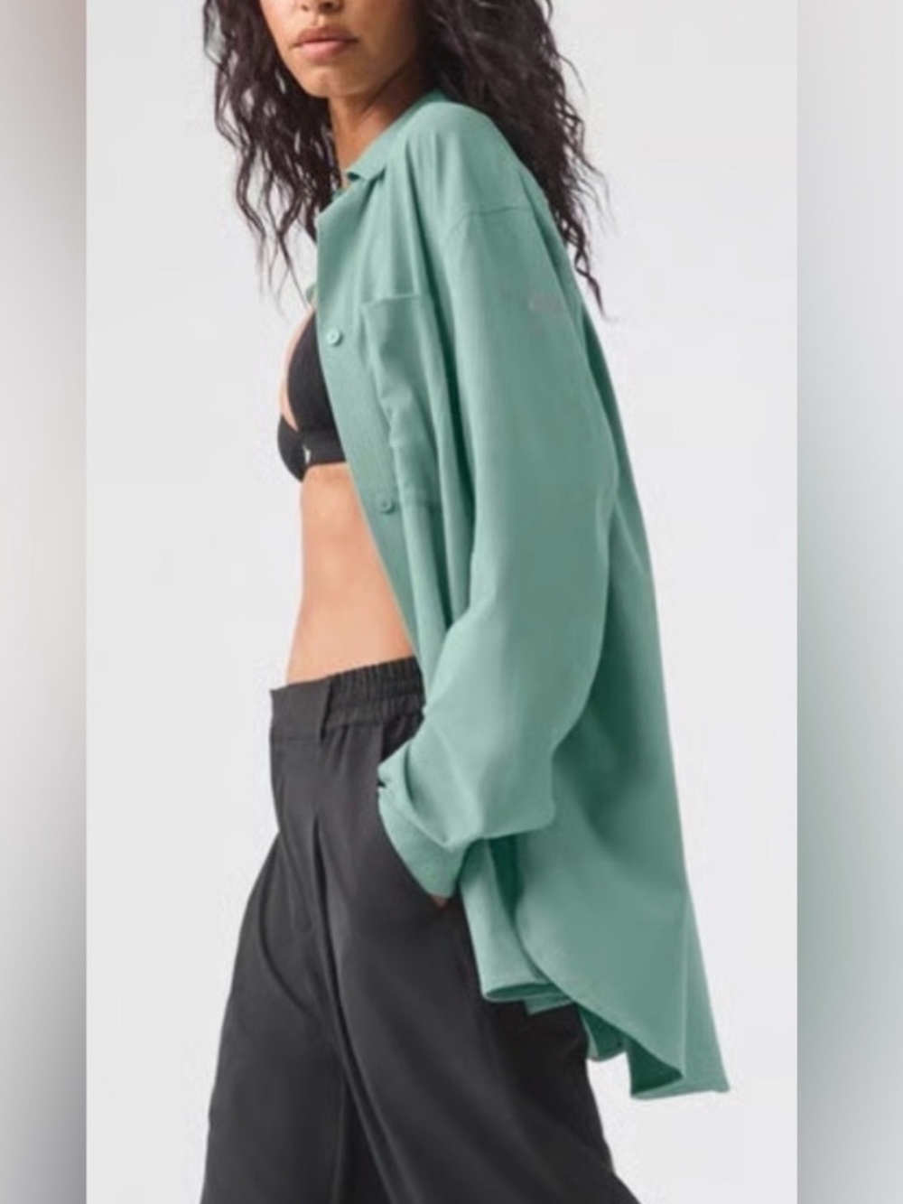 ALO Yoga Botanical Green Button-Up Sheer Effusion Shirt Shacket Small NWT!!